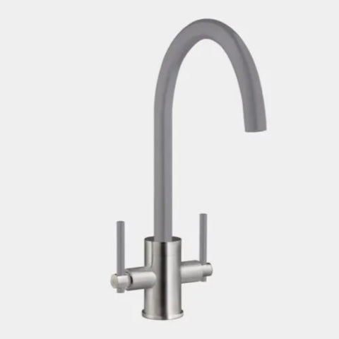 Harlyn Holywell Brushed Steel Twin Lever J Spout Kitchen Tap - Holywell-BS