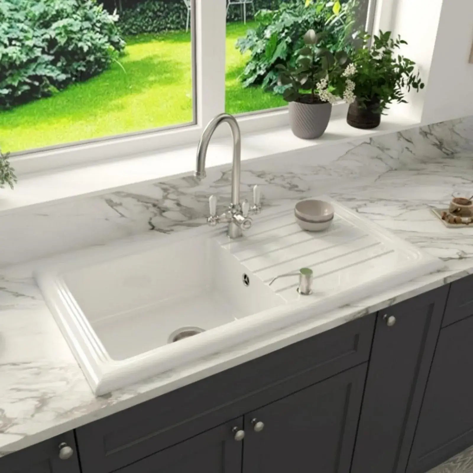 Astini Lago 100 1.0 Bowl White Fireclay Ceramic Kitchen Sink, Waste & Chrome Tap