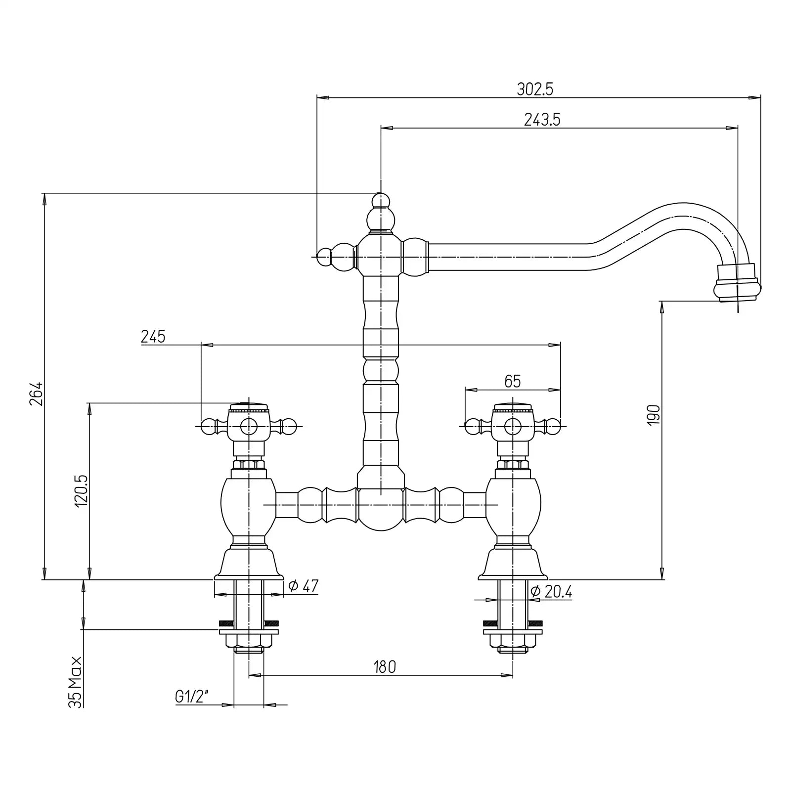 Paini Brushed Nickel Two Tap Hole Baroc Bridge Mixer Tap LECQ215IA