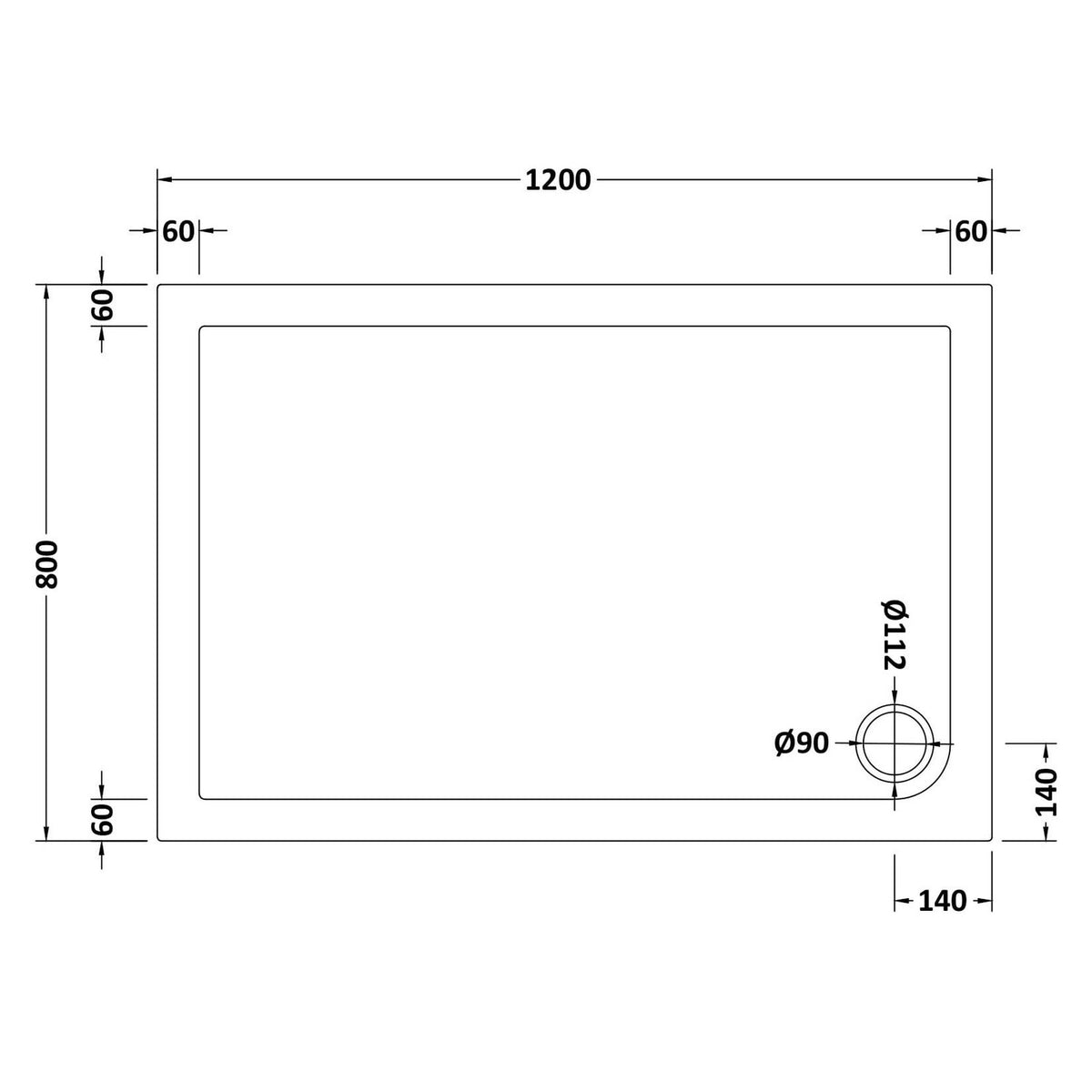 Nuie White Slip Resistant Slimline Rectangular Shower Tray 1200 x 800mm NSR023