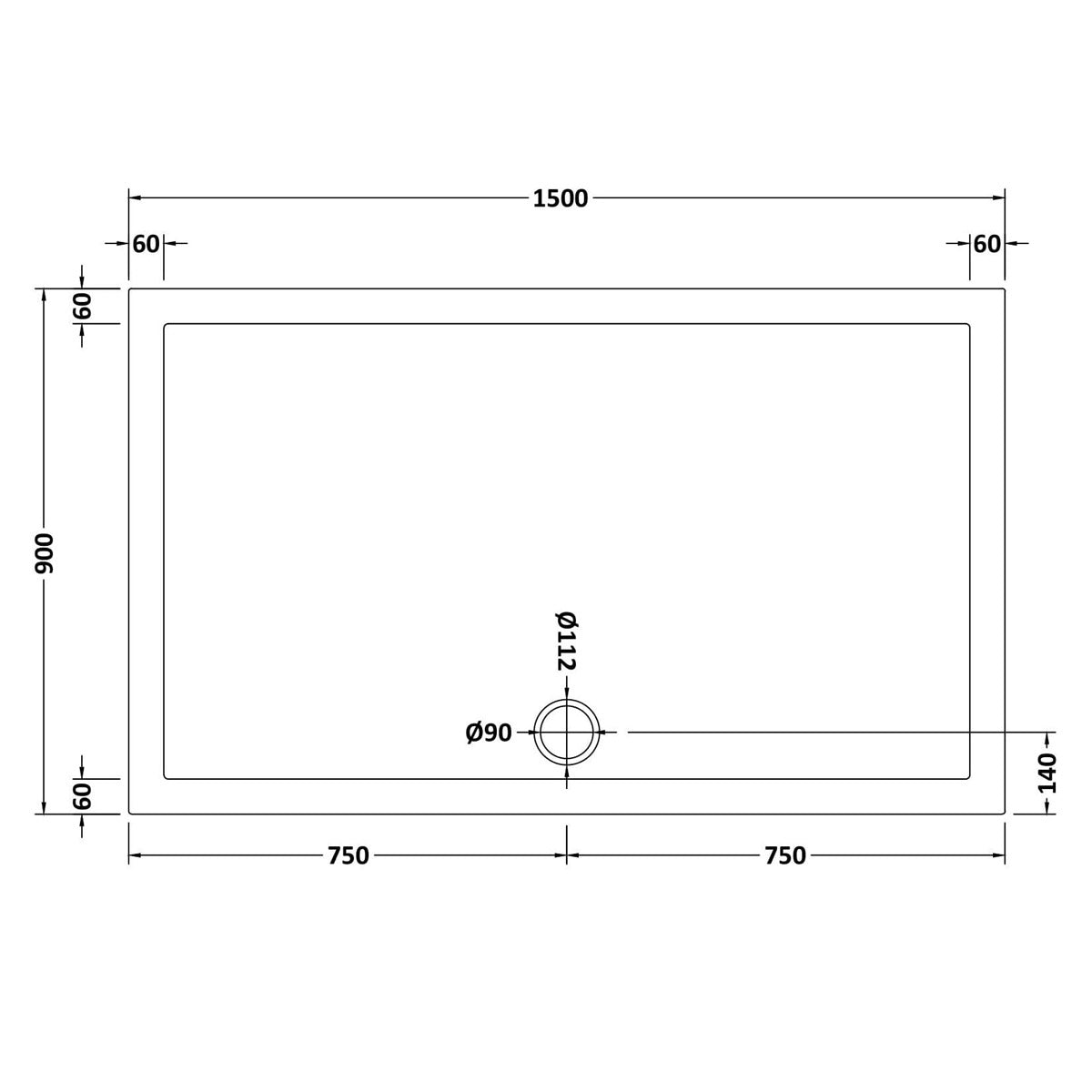 Nuie White Slimline Rectangular Shower Tray 1500 x 900mm