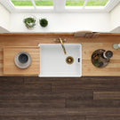 Kitchen sink with gold faucet on a wooden countertop