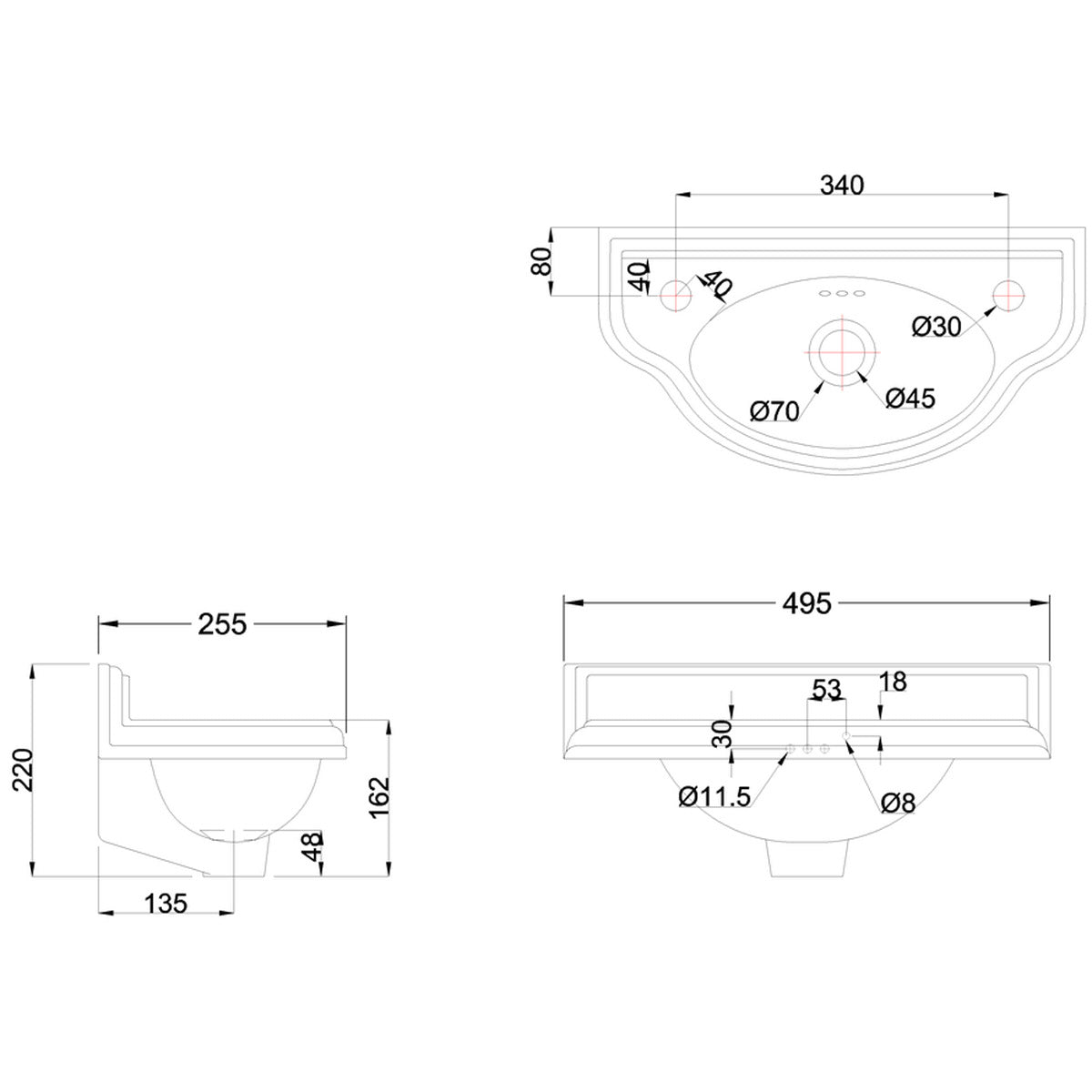 Burlington Traditional 500x255 2TH Wall Mounted Curved Cloakroom Basin