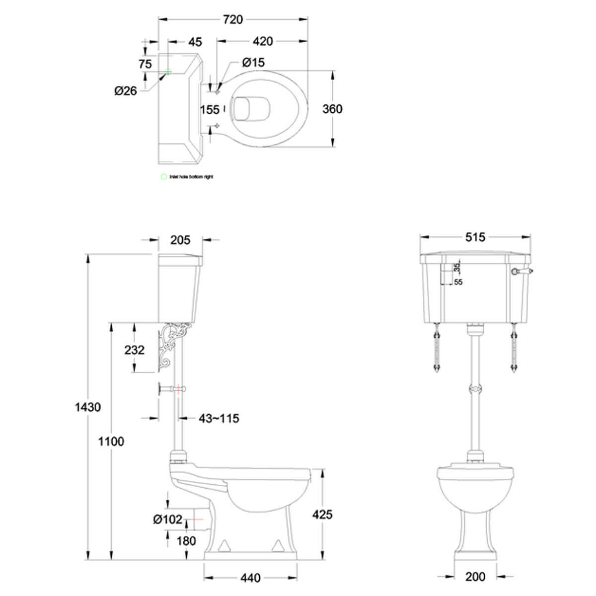 Burlington White Rimless Medium Level WC Toilet Pan with 520 Lever Cistern