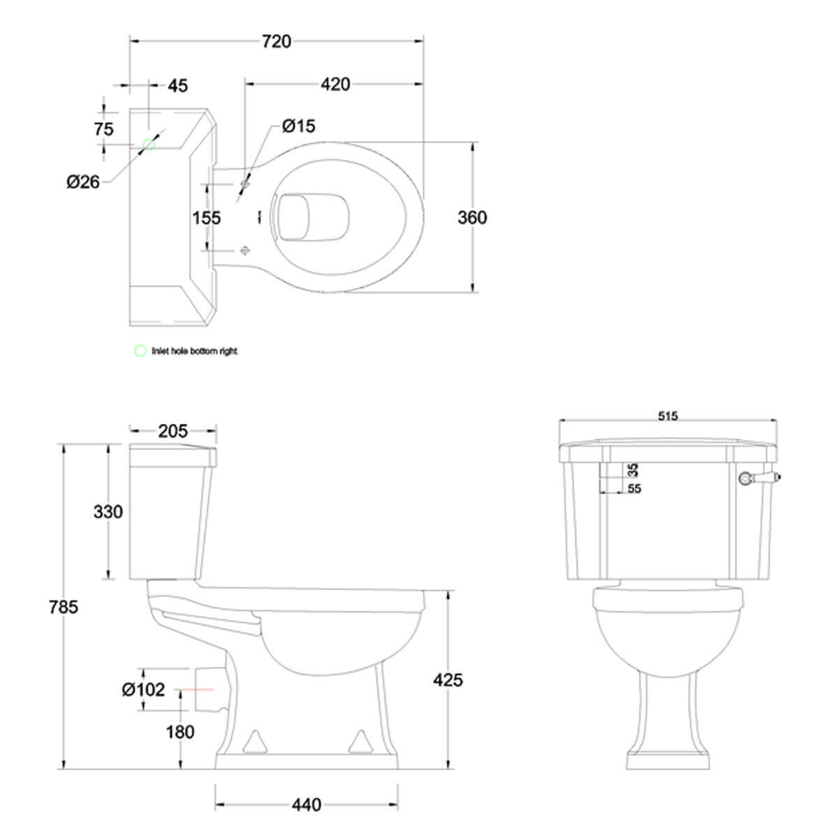 Burlington White Rimless Close Coupled WC Toilet Pan with 520 Lever Cistern