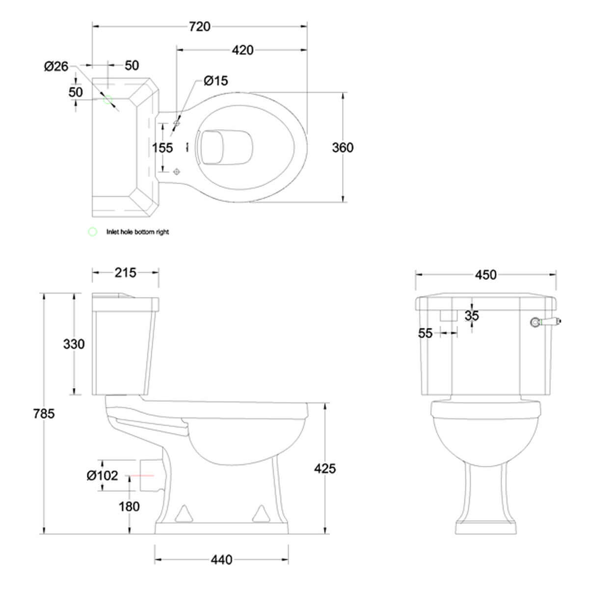 Burlington White Rimless Close Coupled WC Toilet Pan with 440 Front Push Button Cistern
