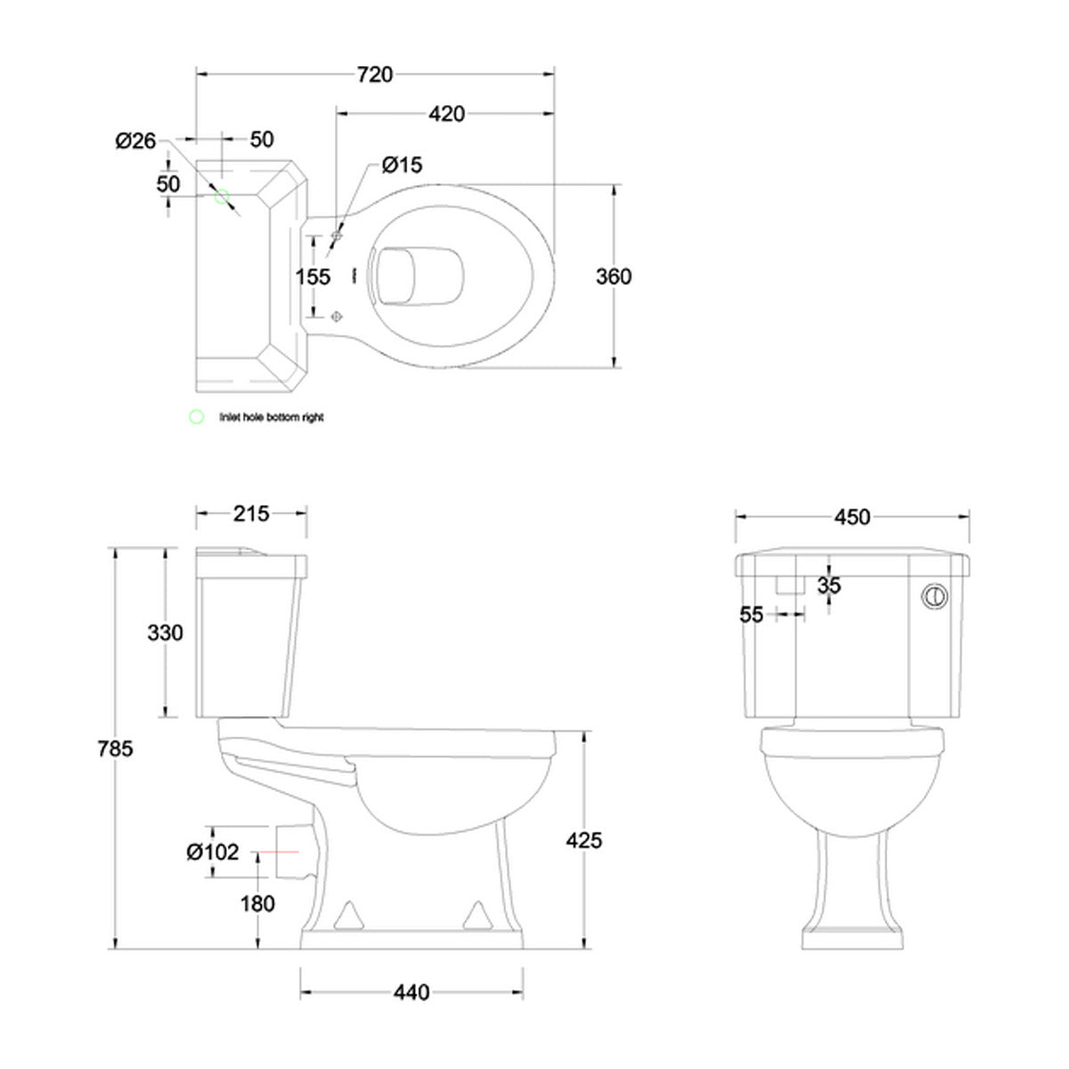 Burlington White Close Coupled Toilet Pan With Front Push Button Cistern