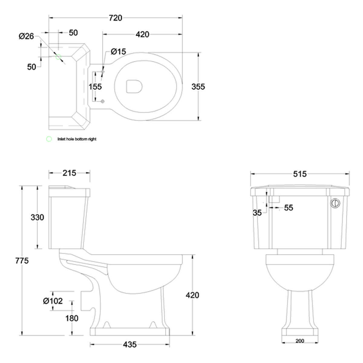 Burlington Standard Close Coupled WC Toilet Pan with 520 Front Push Button Cistern