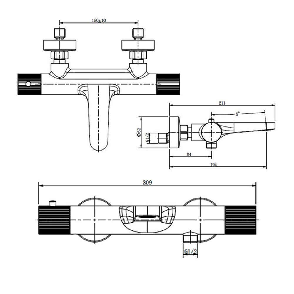 RAK Amalfi Wall Mounted Exposed Thermostatic Bath Shower Mixer Tap