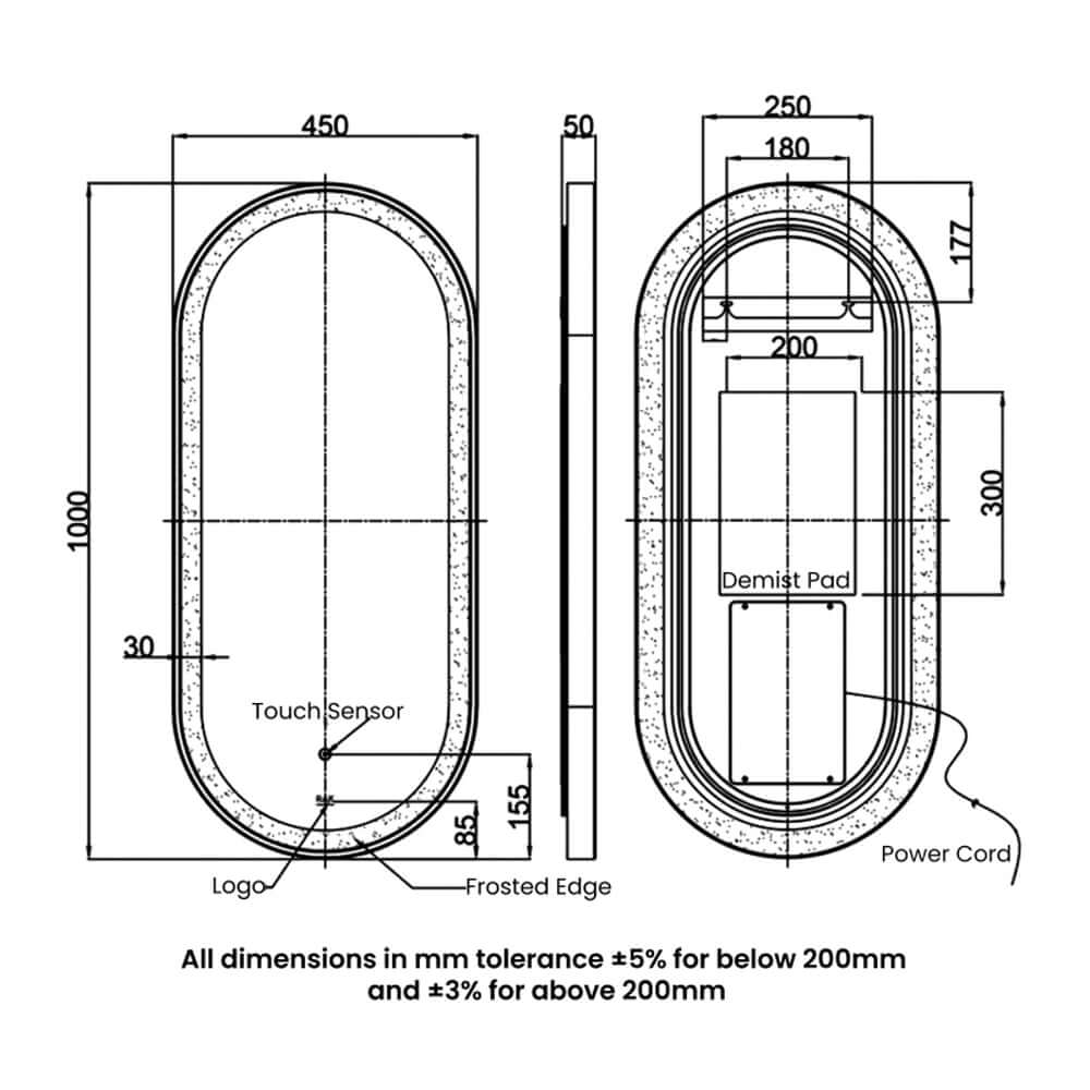 RAK Art 450x1000 Oval Illuminated Bathroom LED Mirror With Demister