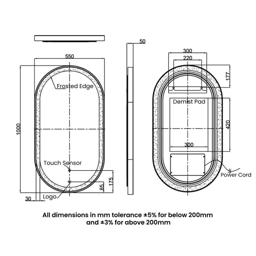 RAK Art 550x1000 Oval Illuminated Bathroom LED Mirror With Demister Pad