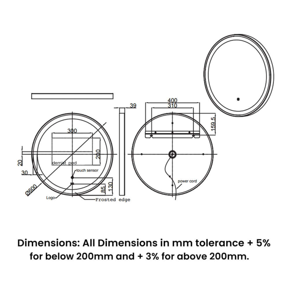 RAK Art Round 600x600 Illuminated Bathroom LED Mirror With Dem