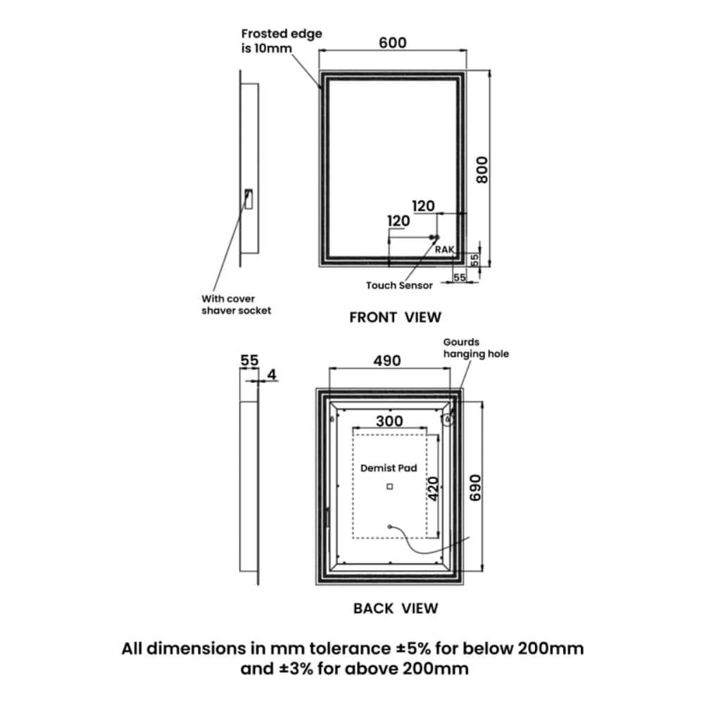 RAK Hermes 600x800 Portrait LED Mirror with Switch and Dem