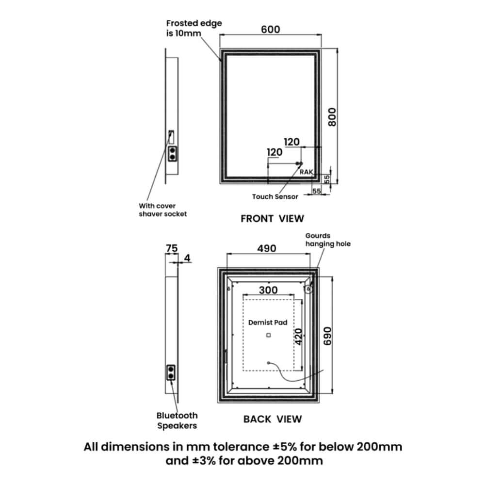 RAK Hermes 600x800 Portrait LED Mirror with Switch and Dem