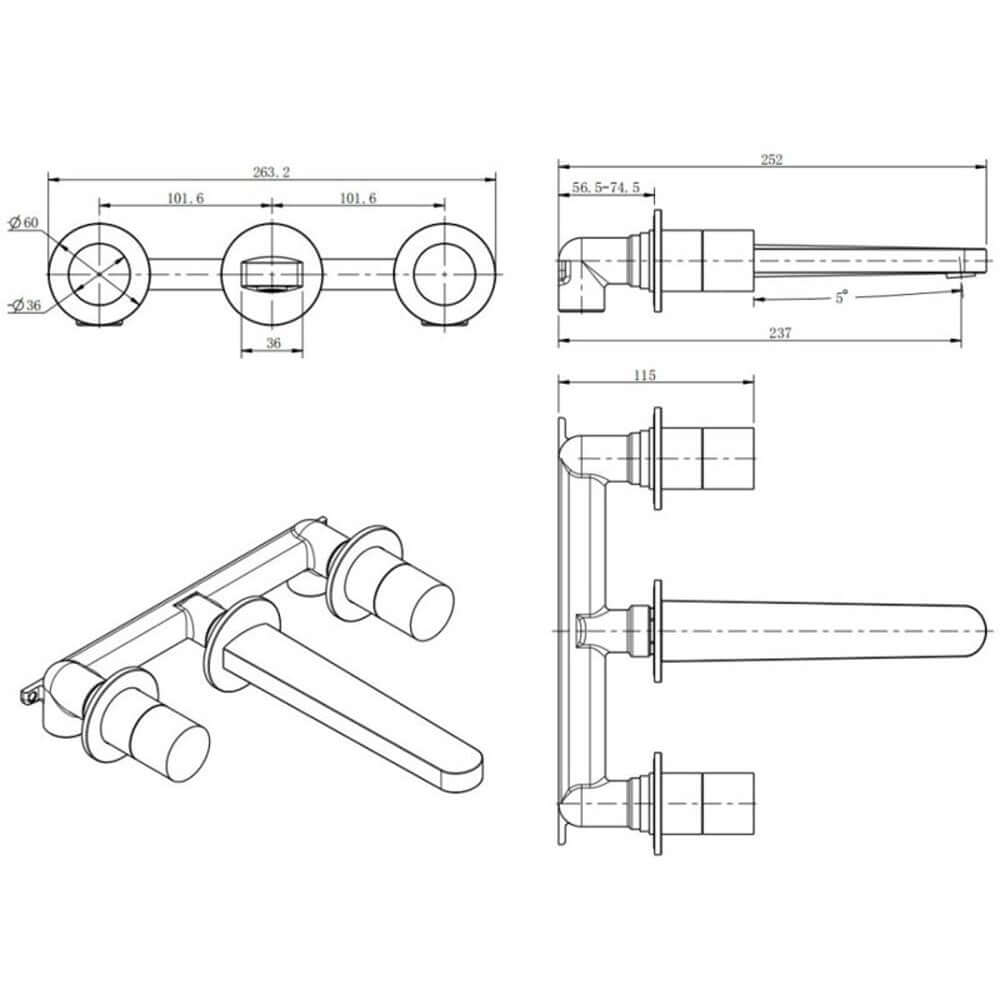 RAK Petit Round Wall Mounted 3 Hole Basin Mixer Tap