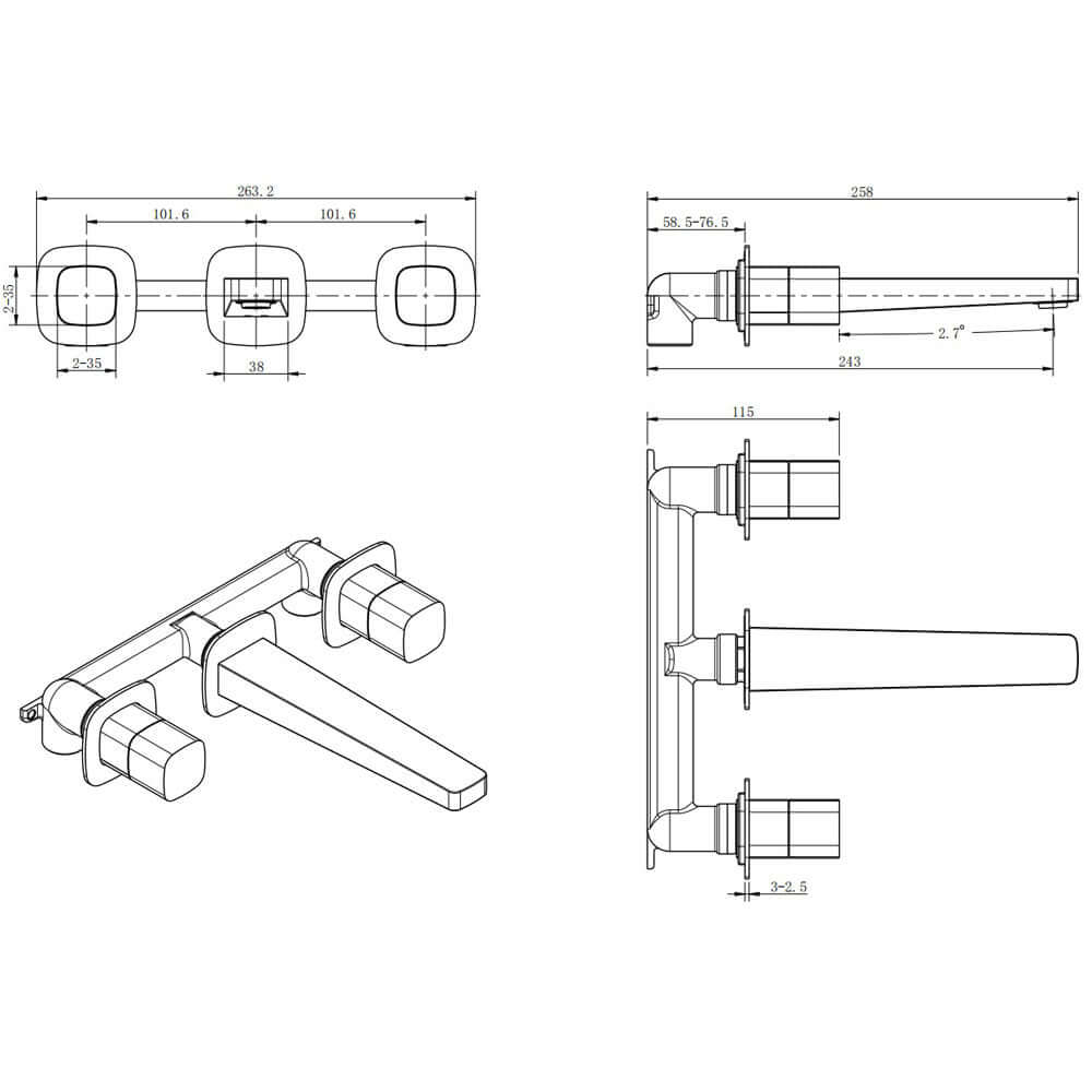 RAK Petit Square 3-Hole Wall Mounted Basin Mixer Tap