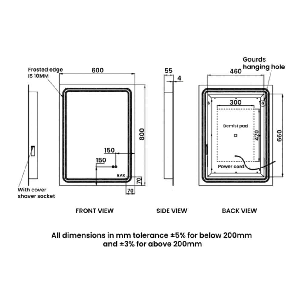 RAK Pluto 600x800 LED Portrait Mirror with Switch and Demister