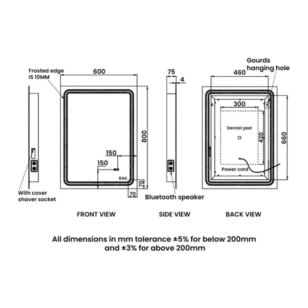 RAK Pluto 600x800 LED Portrait Mirror with Switch and Demister