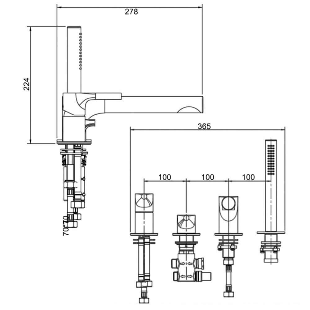 RAK Sorrento 4 Hole Deck Mounted Bath Shower Mixer Tap