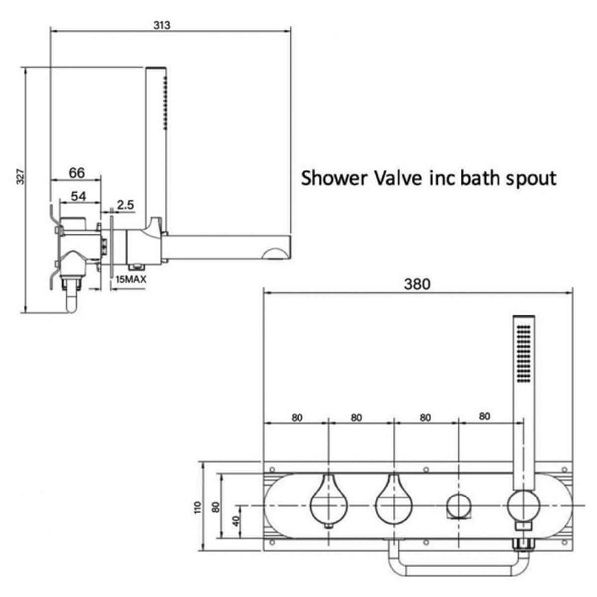RAK Sorrento Thermostatic Dual Outlet Shower Valve with Handset and Bath Spout