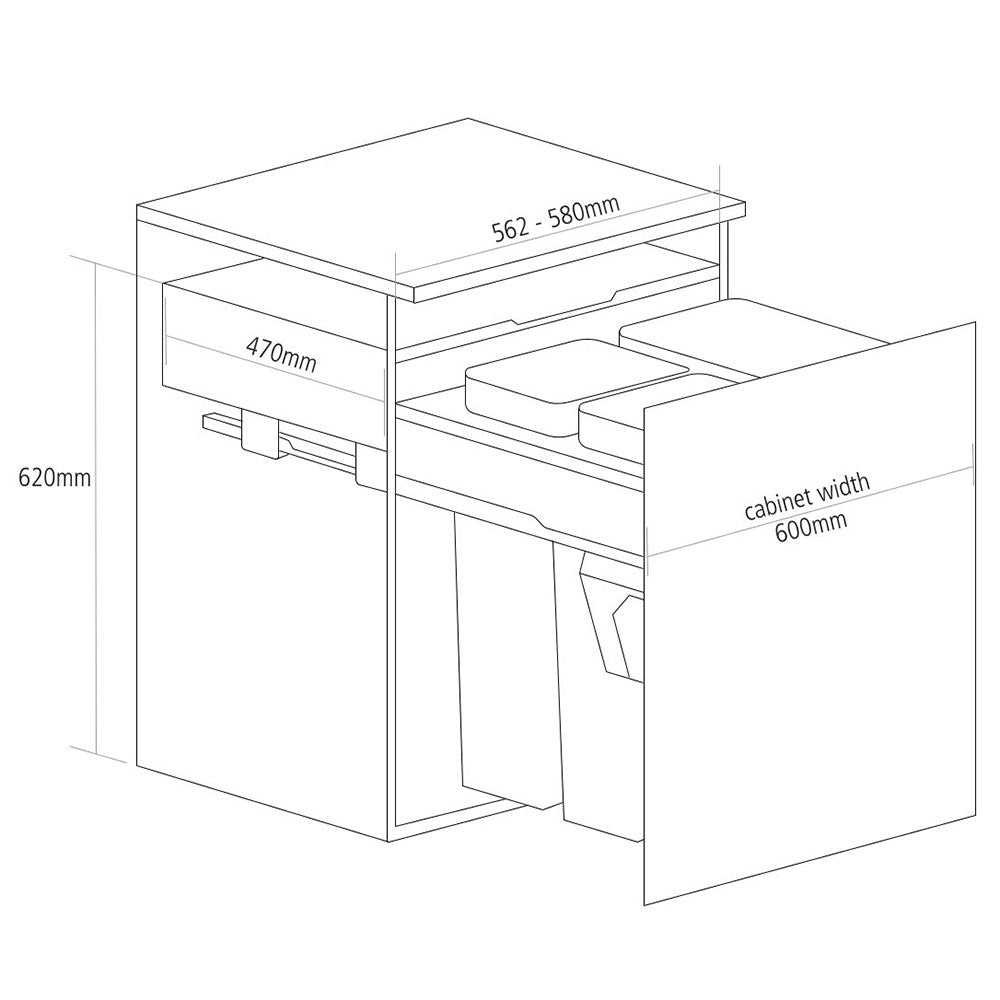 Caple Side/Decor Mounted 69L (1x37L 2x16L) Triple Kitchen Waste Bin for 600mm Cabinets