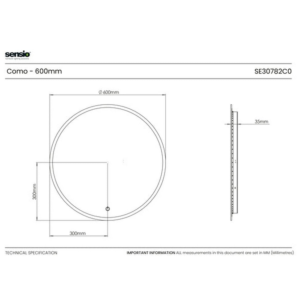 Sensio Como 600x35mm Round Backlit CCT LED Mirror SE30682C0