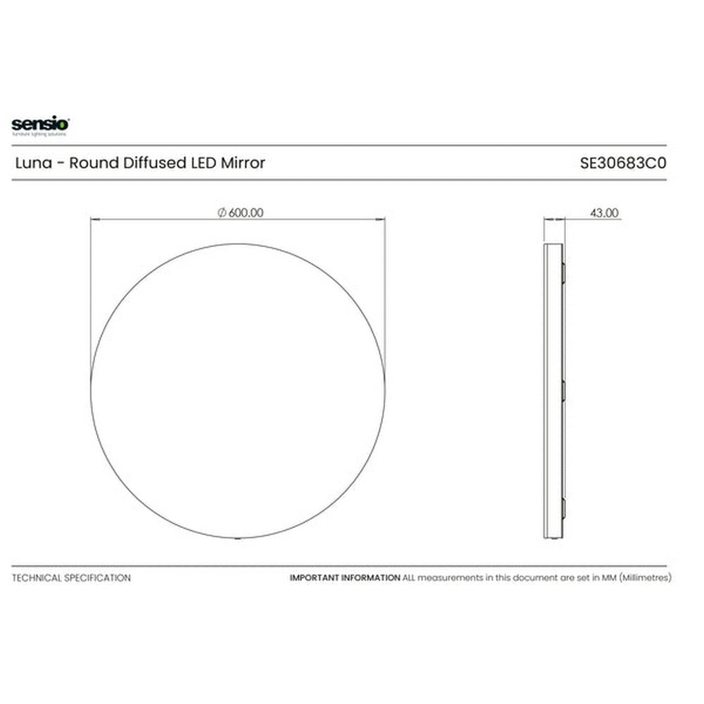 Sensio Luna 600x30mm Cool White Round Diffused LED Mirror SE30683C0