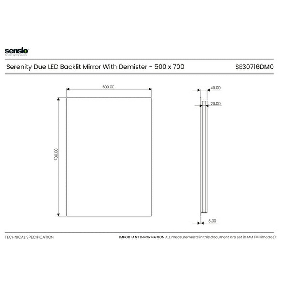 Sensio Serenity 700x500mm Cool and Warm White Duo Backlit LED Mirror SE30716DM0