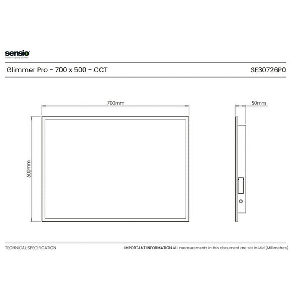 Sensio Glimmer Pro 700x500xmm Diffused CCT LED Border with Shaver Socket SE30726P0