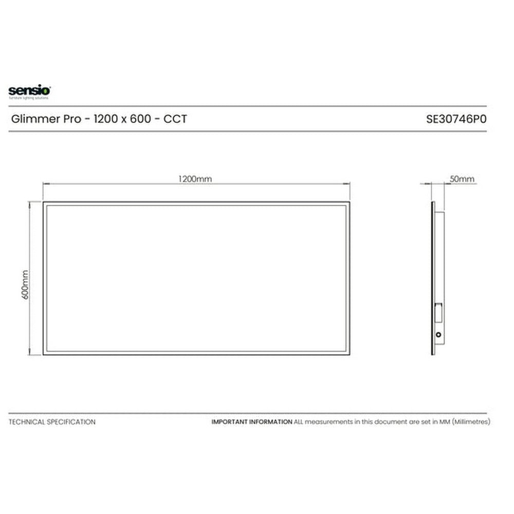 Sensio Glimmer Pro 1200x600xmm Diffused CCT LED Border Mirror & Shaver Socket SE30746P0