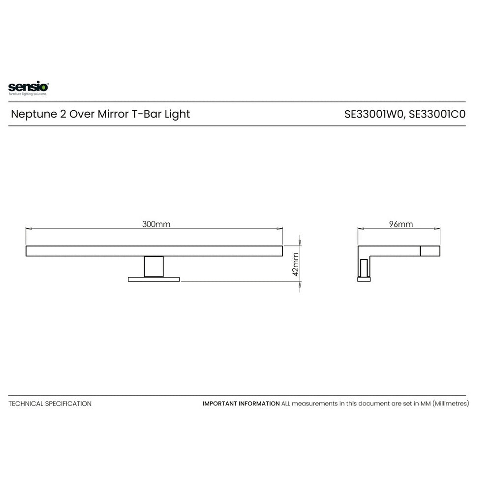 Sensio Neptune COB Over Mirror T Bar Light Warm White - SE33001W0