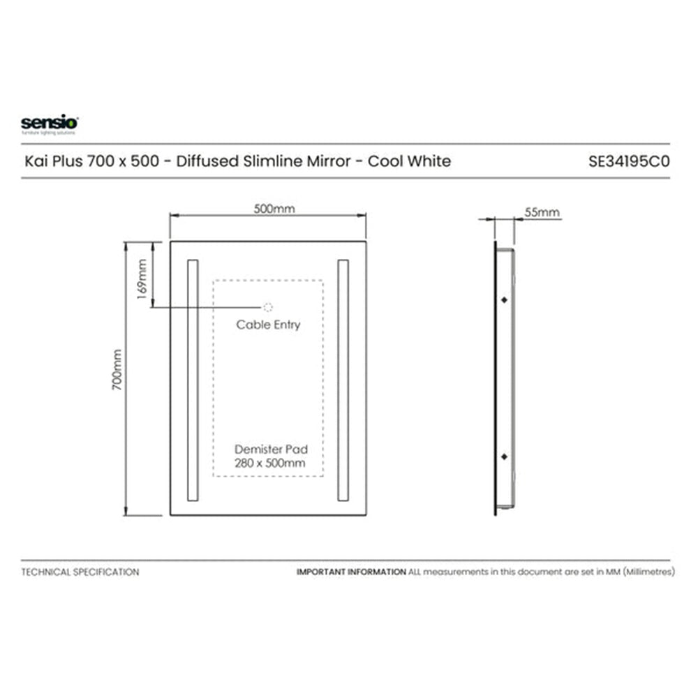 Sensio Kai Plus 700x500mm Cool White Diffused LED Mirror & Shaver Socket SE34195C0