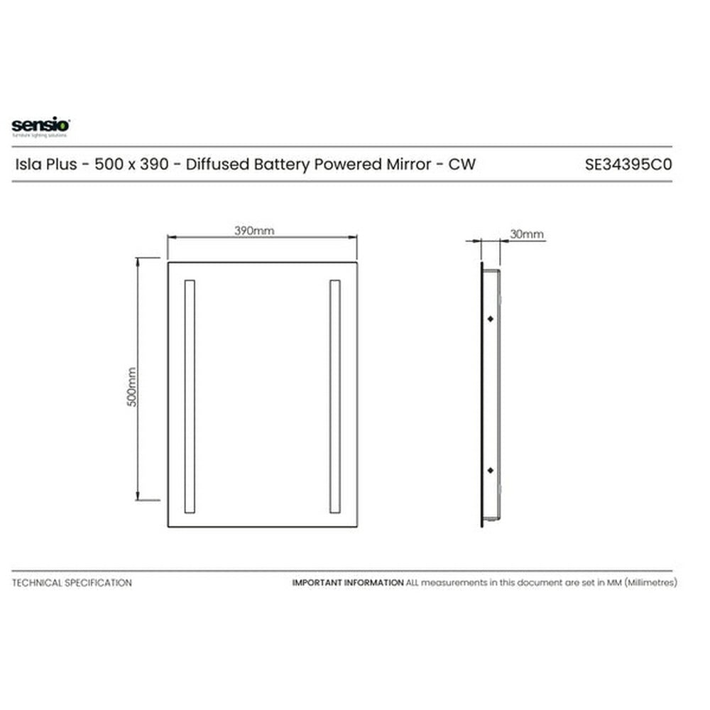 Sensio Isla Plus 500x390mm Cool White Battery Operated Diffused LED Mirror SE34395C0
