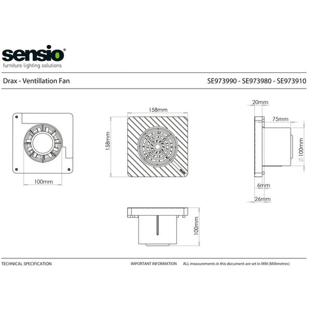 Sensio Drax - Wall Ventilation Fan - White - 100mm SE973990
