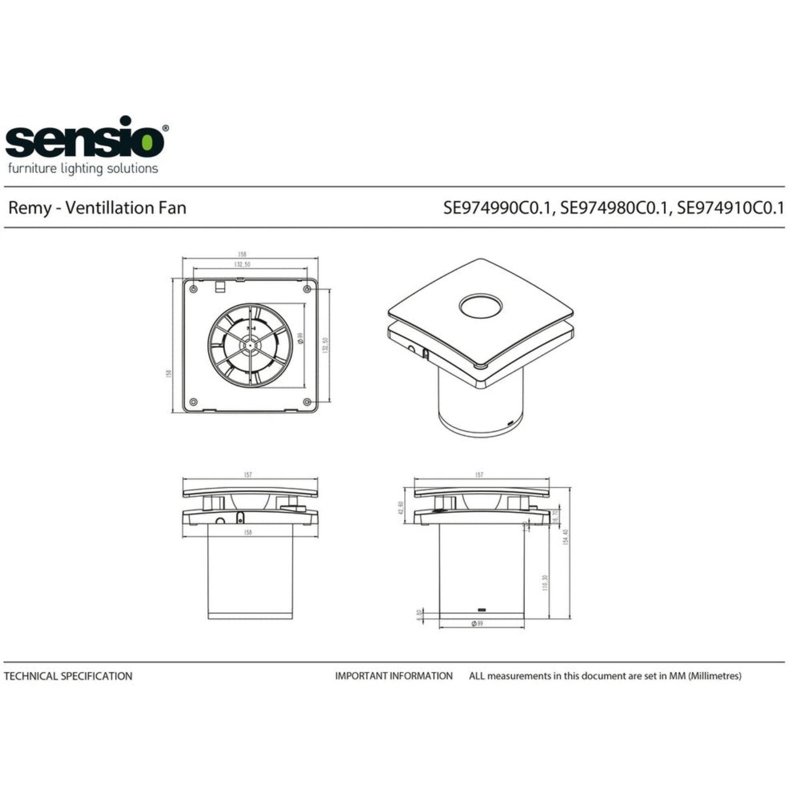 Sensio Remy - Ceiling Ventilation Fan - WW - Black - 100mm SE974980W0