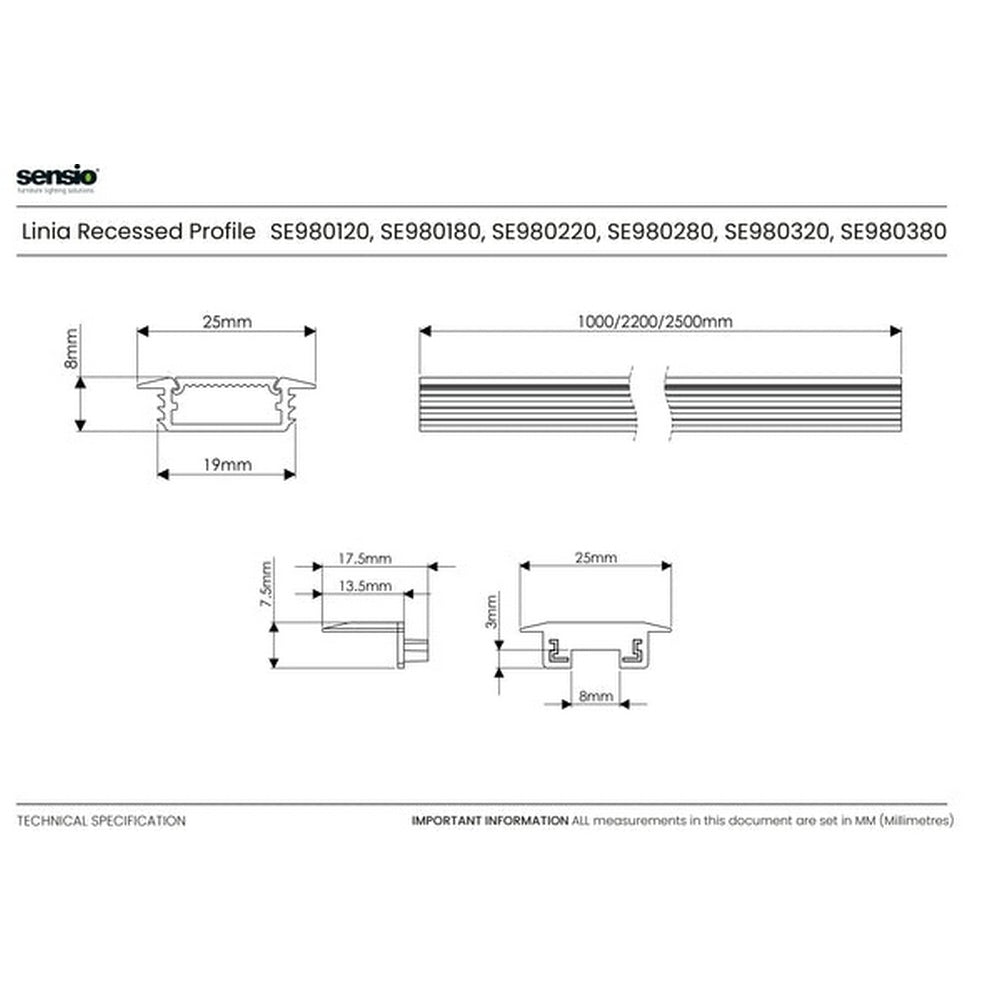 Sensio Linia Recessed Aluminium Profile - 2500mm (+ 4x end caps) SE980320