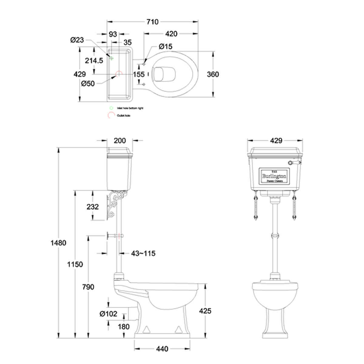 Burlington White Rimless Close-Coupled Pan with Chrome Aluminium Cistern & Medium-Level Flush Pipe Kit