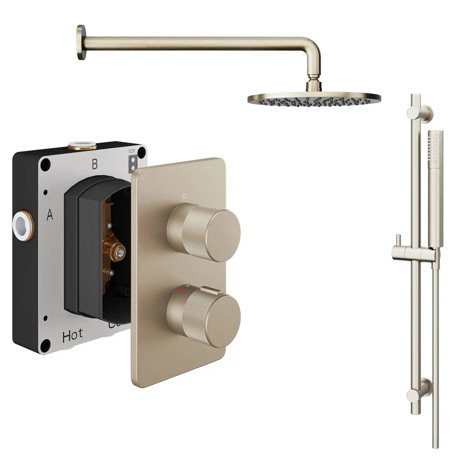Abacus ISO PRO Fixed Round Shower Head with 2 Outlet Shower Valve, Wall Arm & Riser Kit