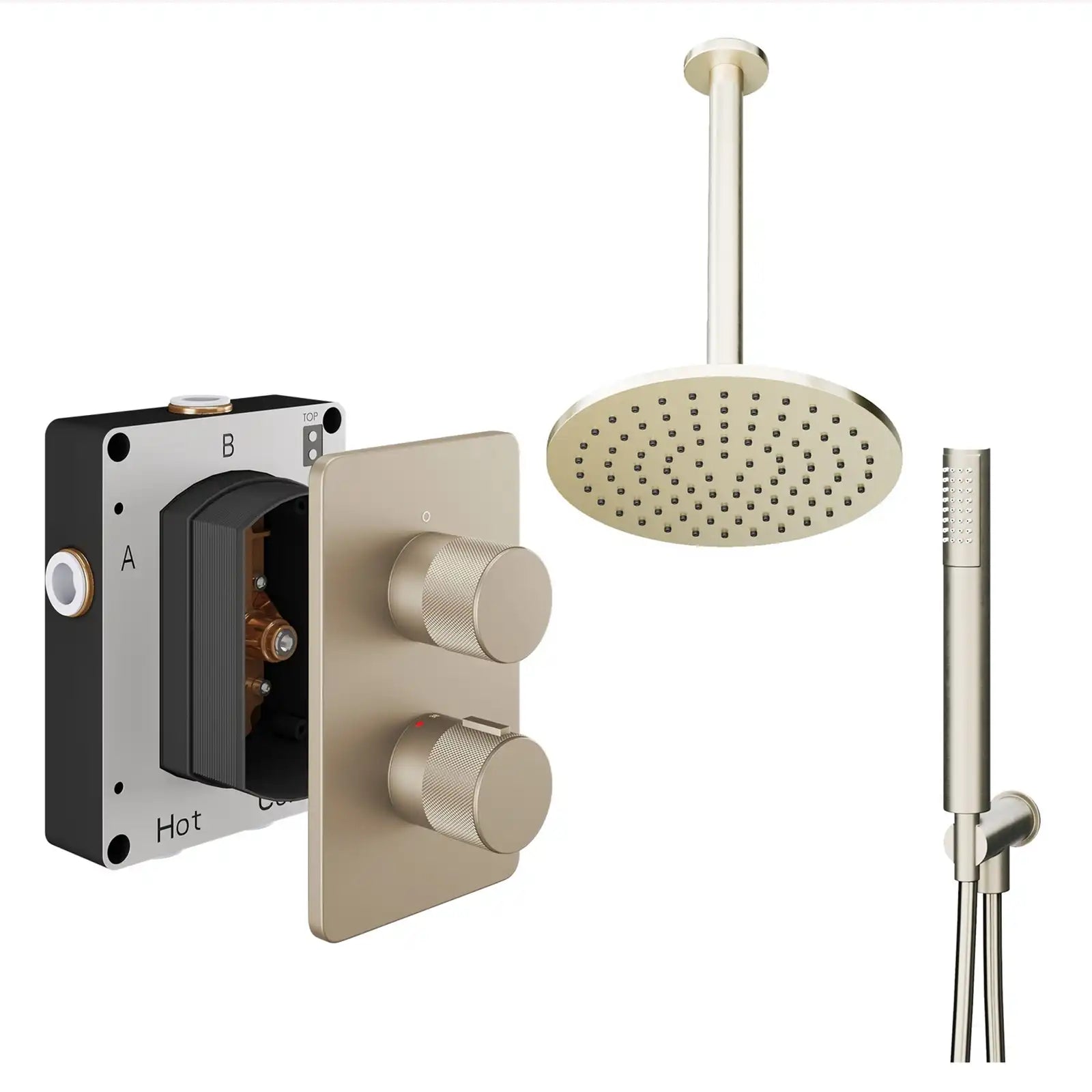 Abacus ISO PRO Fixed Round Shower Head with 2 Outlet Shower Valve, Ceiling Arm & Handset