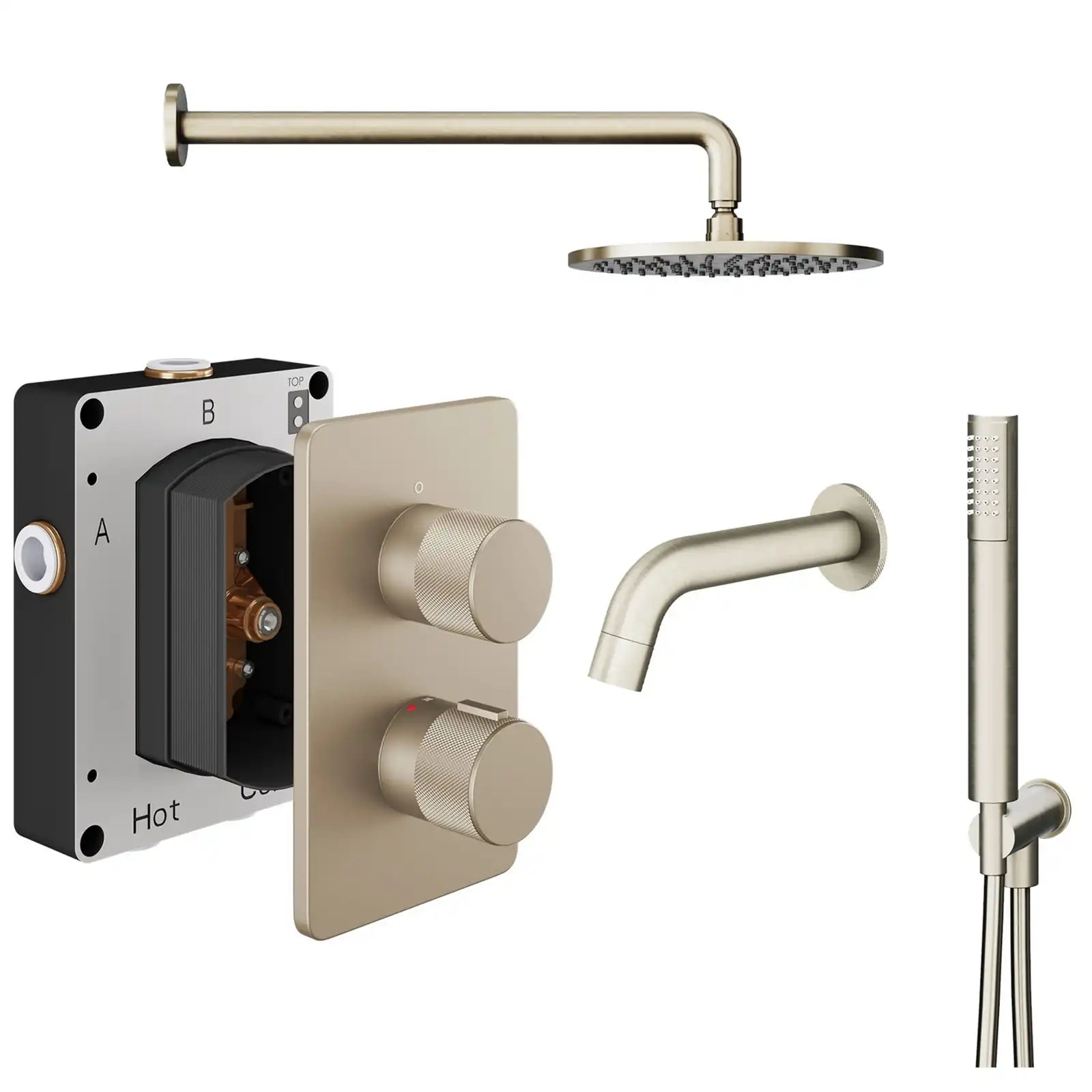 Abacus ISO PRO Fixed Round Shower Head with 3 Outlet Shower Valve, Wall Arm, Bath Spout & Handset