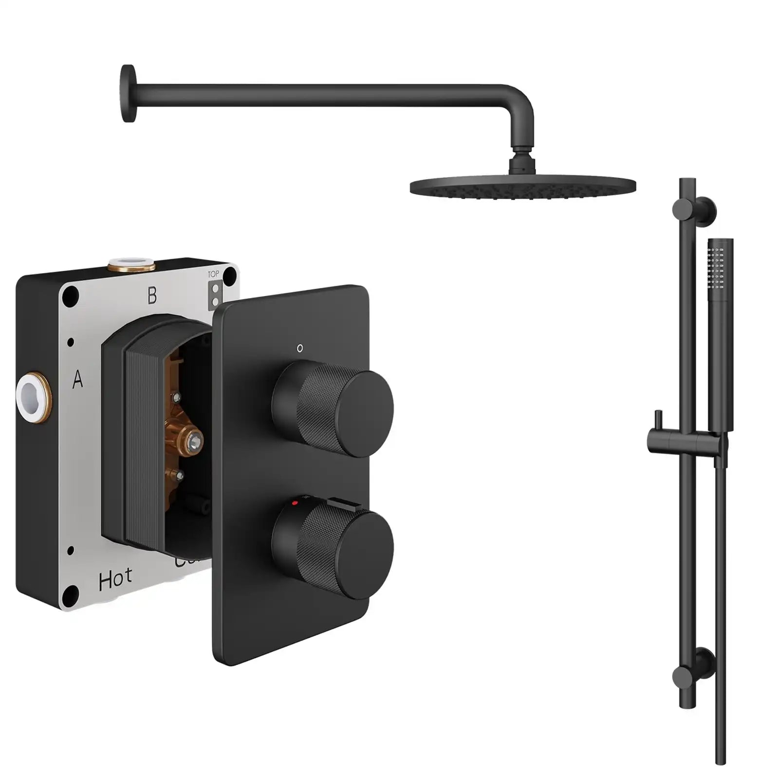 Abacus ISO PRO Fixed Round Shower Head with 2 Outlet Shower Valve, Wall Arm & Riser Kit