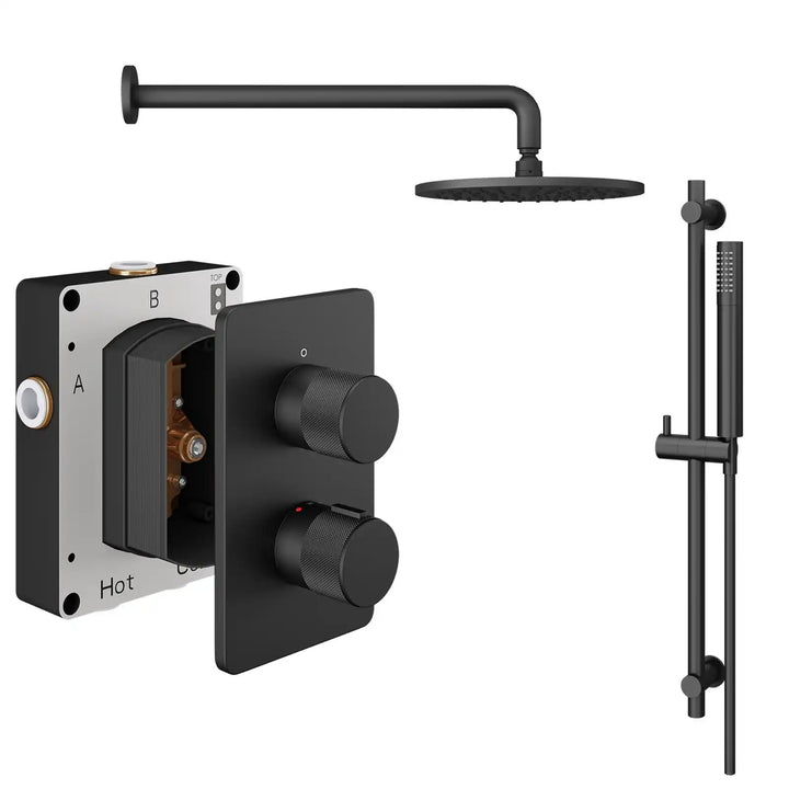 Abacus ISO PRO Fixed Round Shower Head with 2 Outlet Shower Valve, Wall Arm & Riser Kit