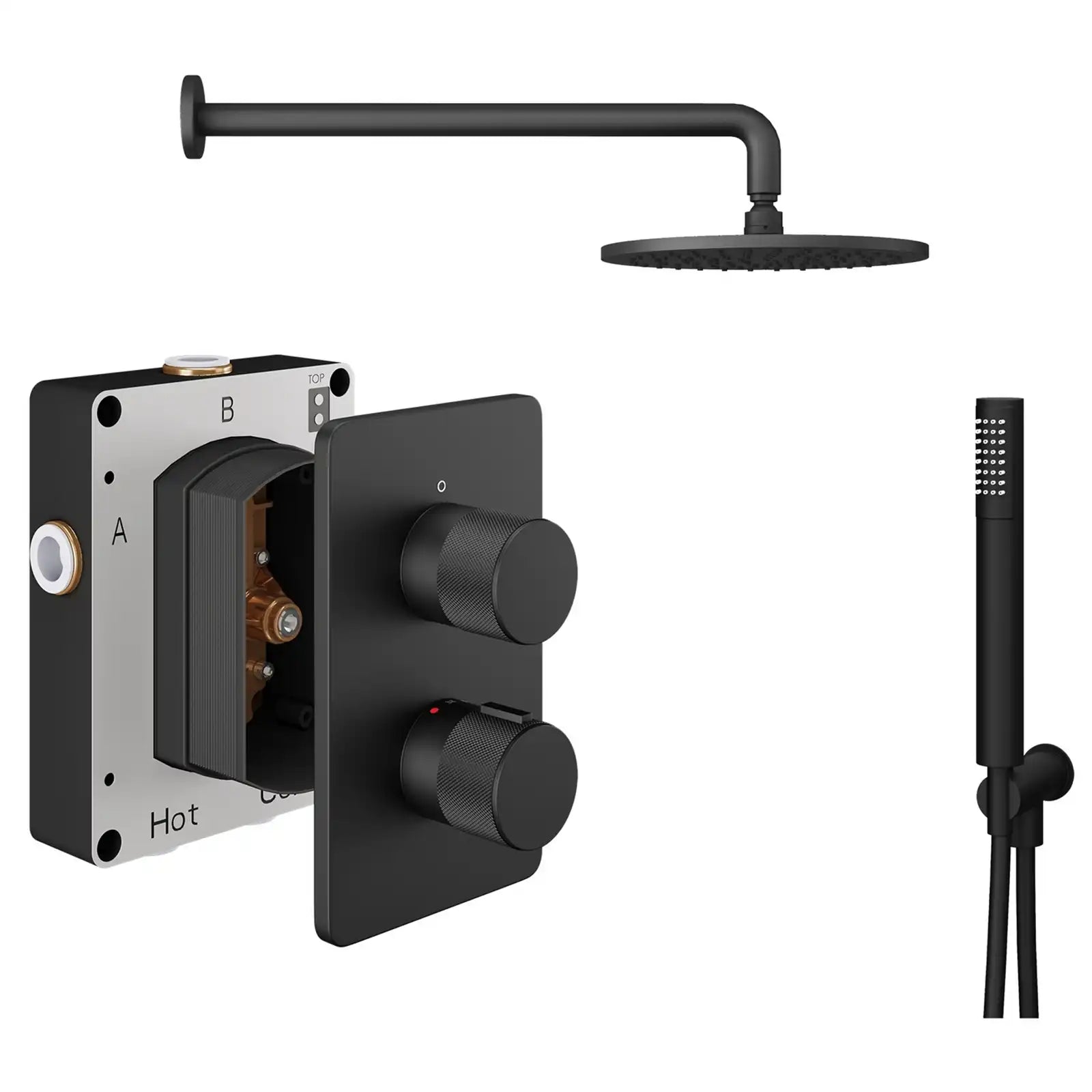 Abacus ISO PRO Fixed Round Shower Head with 2 Outlet Shower Valve, Wall Arm & Handset