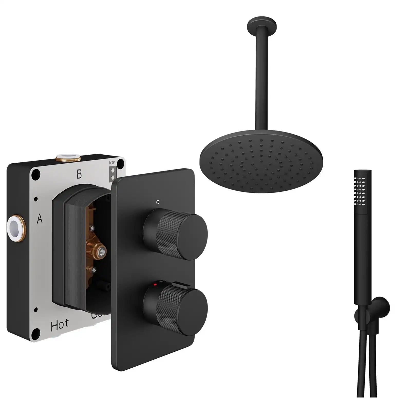 Abacus ISO PRO Fixed Round Shower Head with 2 Outlet Shower Valve, Ceiling Arm & Handset