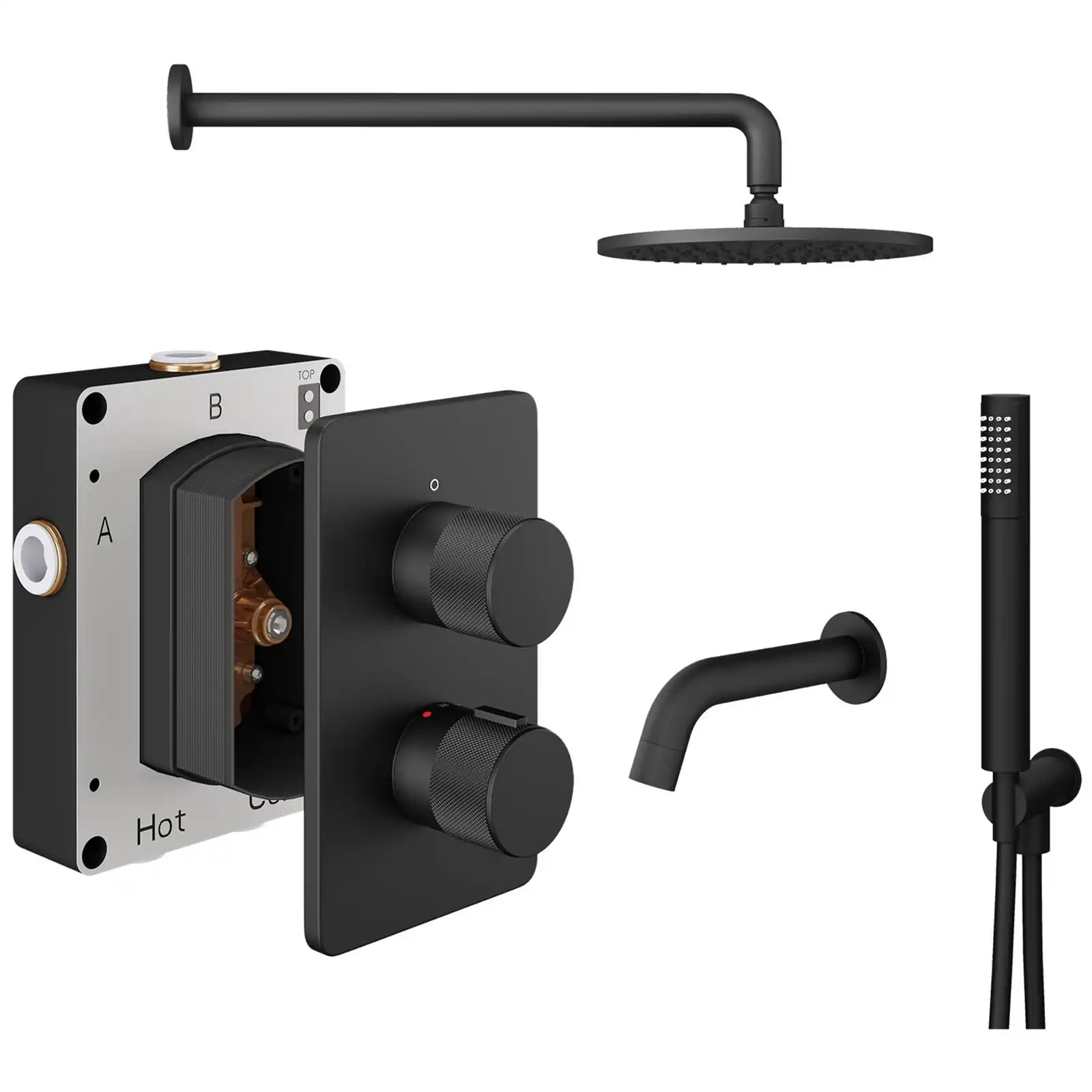 Abacus ISO PRO Fixed Round Shower Head with 3 Outlet Shower Valve, Wall Arm, Bath Spout & Handset