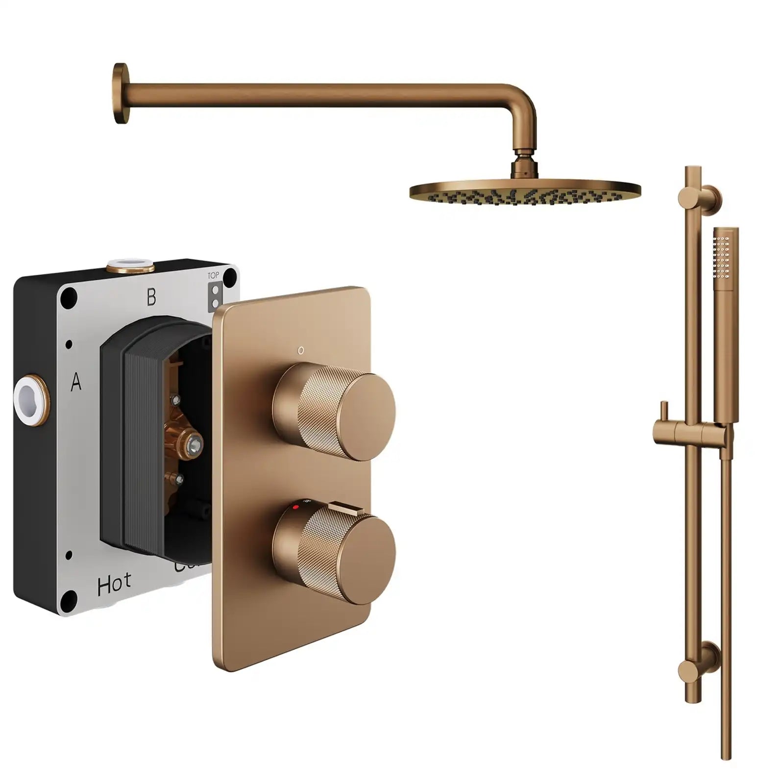 Abacus ISO PRO Fixed Round Shower Head with 2 Outlet Shower Valve, Wall Arm & Riser Kit