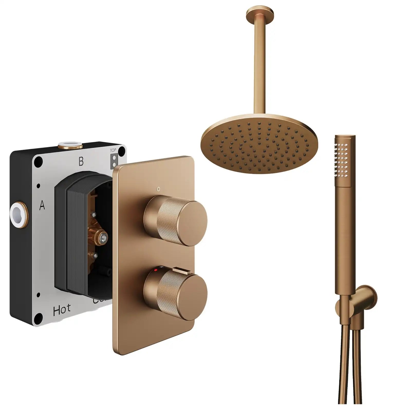Abacus ISO PRO Fixed Round Shower Head with 2 Outlet Shower Valve, Ceiling Arm & Handset