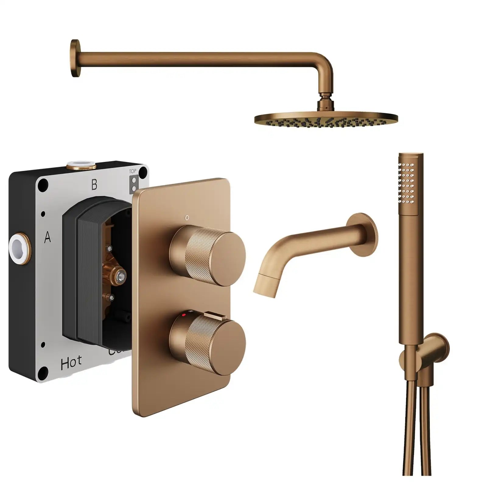 Abacus ISO PRO Fixed Round Shower Head with 3 Outlet Shower Valve, Wall Arm, Bath Spout & Handset
