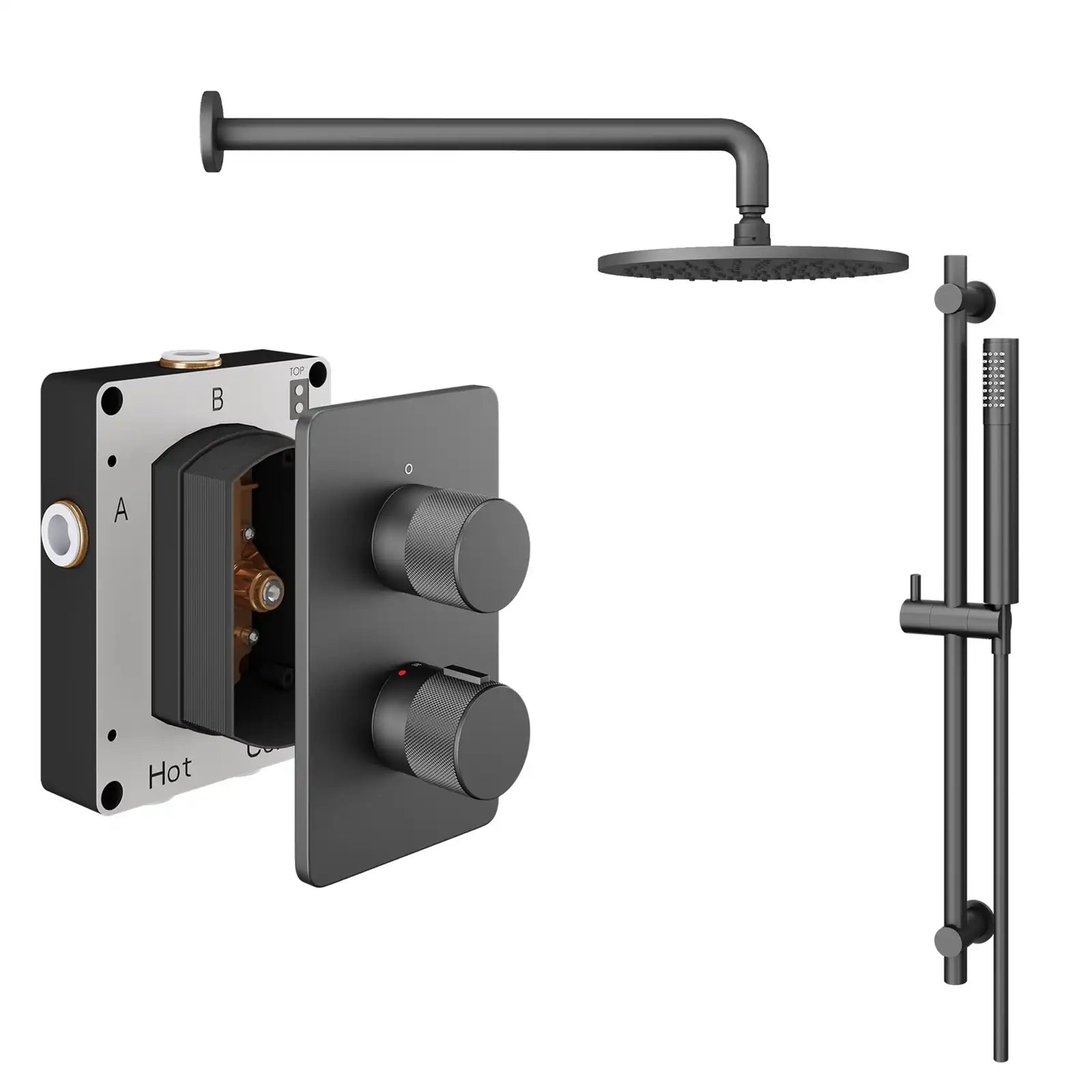 Abacus ISO PRO Fixed Round Shower Head with 2 Outlet Shower Valve, Wall Arm & Riser Kit