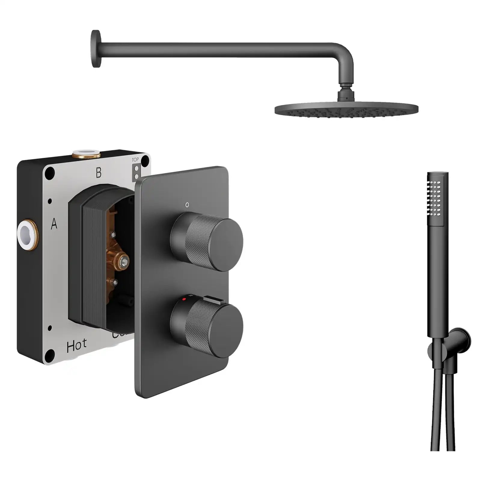 Abacus ISO PRO Fixed Round Shower Head with 2 Outlet Shower Valve, Wall Arm & Handset